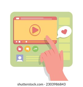 People like video. Hand touches player or video and puts reaction. Evaluation of content in social networks. Window with play button. Interface, UI and UX design. Cartoon flat vector illustration