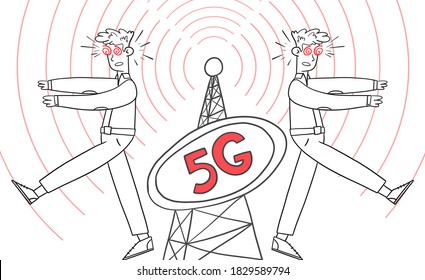 People like zombies near 5G telecommunication equipment, vector illustration. Men go under hypnosis with their arms outstretched