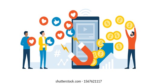 People Liking Social Media Posts On A Smartphone And Influencer Earning With Engaging Marketing Strategies
