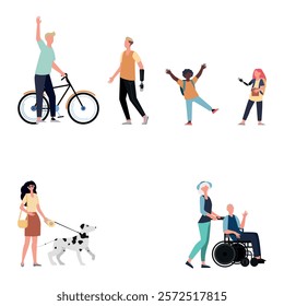 People with limited abilities in life and everyday life. On a transparent background. The children are happy to meet you. Young man rides bicycles. A girl walks with a dog.