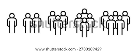 People line 1, 2, 3, 4, 5 icon set. Crowd signs. Containing volunteers, participants, group, team, meeting, organization, community, population, audience, member, discussion, assembly, interview.