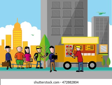 People Are In Line To Buy Food From A Push Cart Business Beside A Street. Editable Clip Art.