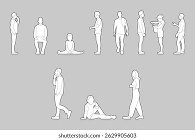 People line cad art. Ilustração vetorial de homens, mulheres e crianças em pé, andando na frente, de volta e vista lateral. Símbolo de desenho de arquitetura e design de paisagem.