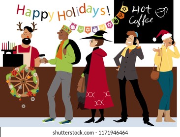 People in line to a cash register in a coffee shop, celebrating religious diversity during holiday season EPS 8 vector illustration