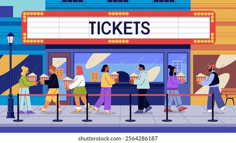 People in line at cinema entrance colorful illustration. Individuals holding popcorn walk towards theater entrance under marquee. Urban setting bright colors