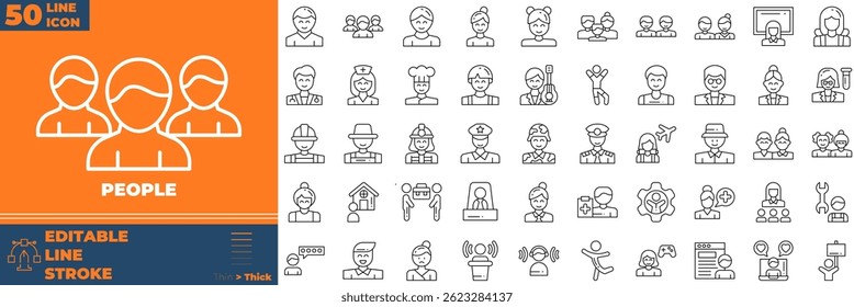 Conjunto de ícones editáveis da linha de pessoas. Ilustração vetorial no estilo de linha fina moderna de ícones de pessoas: família, humano, equipe, etc