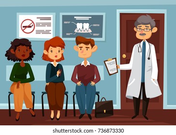 People line at hospital and doctor with stethoscope. Sitting patients waiting at clinic. Dentist and person or physician. Man and woman waiting for healthcare service. Healthcare and medicine theme