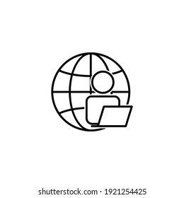 People line icon and laptop with earth. Business online symbol. simple illustration mobile concept app line icon and web design. Editable stroke. Design template vector