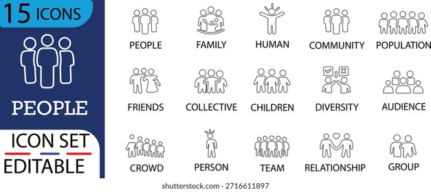 Conjunto de iconos de línea de Personas. Colección Contiene la audiencia, el cuidado, los niños, el colectivo, la comunidad, la multitud, los discapacitados, la diversidad y los íconos de grupo.