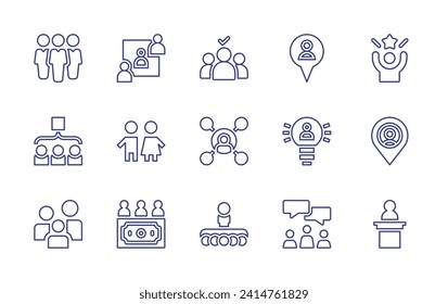 People line icon set. Editable stroke. Vector illustration. Containing teamwork, selection, success, career, pin, team, connection, placeholder, children, idea, family, conference, lectern, investor.