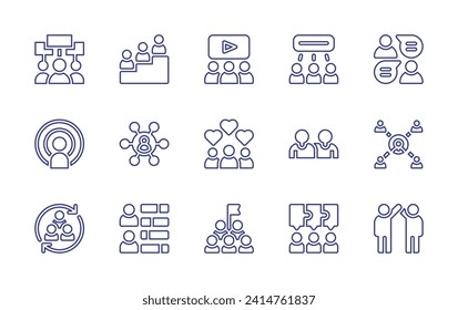 People line icon set. Editable stroke. Vector illustration. Containing progress, networking, demonstration, viral marketing, chat, teamwork, friendship, target, fans, skills, jigsaw, goal, success.