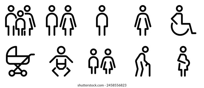 People line icon set. Family, couple, man, woman, wheelchair, stroller, baby, children, elderly person, pregnant outline signs. Editable stroke. Vector graphics