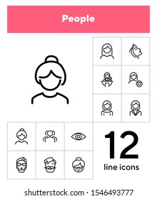 People line icon set. Woman, speaker, hipster. People concept. Can be used for topics like occupation, age, gender