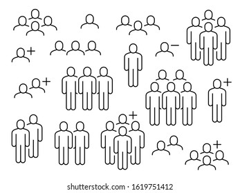 People line icons. Business people groups outline pictograms, add friend request, communication, teamwork and human crowd vector outlined silhouette signs