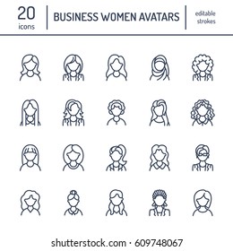 People line icons, business woman avatars. Outline symbols of female professions, secretary, manager, teacher, student. Young girls thin linear signs.