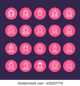 People line icons, business woman avatars. Outline symbols of female professions, secretary, manager, teacher, student. Young girls thin linear signs.