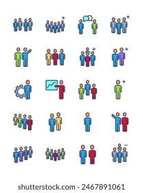 People line icons set. Group of workers, corporate team members, social media users, business meeting, queue. Vector icons for teamwork, human resource, seminar concept