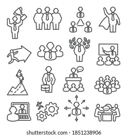 Iconos de la línea de personas. Instalaciones de vectores para trabajo en equipo, administración y negocios.