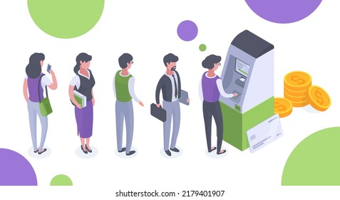 People line up near atm machine, cash transactions concept. Characters waiting in ATM terminal queue 3d vector illustration. Payments and funds transfers