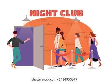 People in line to night club. Trendy men and women go to disco. Party and event. Youth culture and nightlife. Leisure and entertainment. Cartoon flat vector illustration isolated on white background