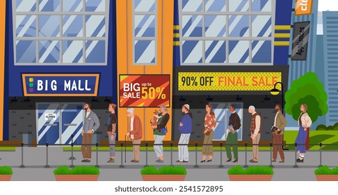As pessoas fazem fila em frente a um grande shopping para um grande evento de vendas com descontos de até 90%. Ideal para temas de compras, eventos de vendas, vida urbana, estudos de comportamento do consumidor, gerenciamento de multidões