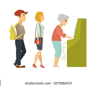People line queue to ATM vector cartoon