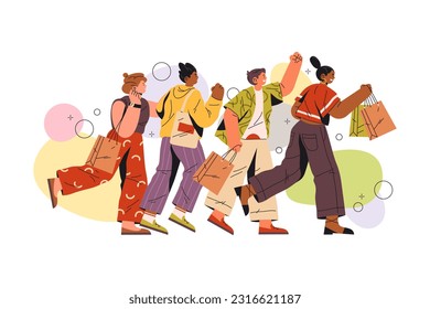 People in line at shopping sale vector flat image. Cartoon flat shoppers sing. Man and woman with bag at boutique sale. Buyer at market or consumer at mall. Consumer banner. Marketing theme