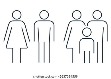 People line sign set.Family, couple, man, woman,  baby, children.   Vector linear icons isolated on white background.