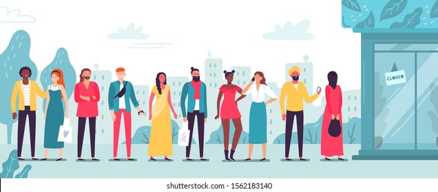 People In Line At Store. Waiting Long Lines, Buyers Standing Outside Shop And Boutique Entrance. Character Crowded Store Area, Customer Standing And Wait Flat Vector Illustration