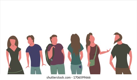 People in line vector flat illustration man and woman isolated on white. Concept group human social art background in row. Character cartoon crowd community
