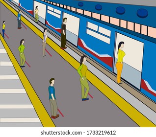 People line up to wait for the train at subway station with the appropriate social distance.