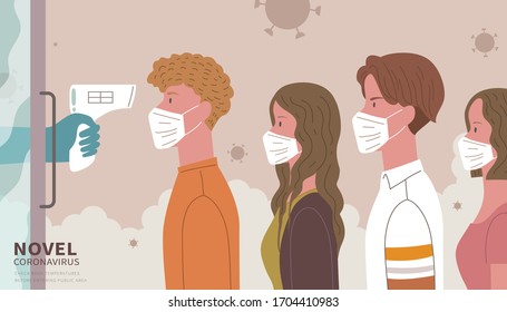 People lining up for body temperature check before entry, COVID-19 prevention illustration in flat style