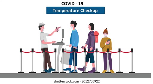 People lining up for body temperature check before entry, COVID-19 prevention illustration in flat style