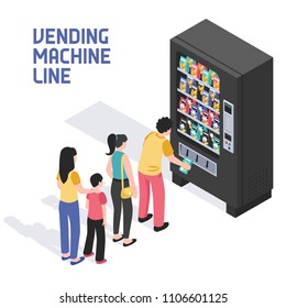 People lining up in front of vending machine selling snacks beverages refreshing summer drinks isometric vector illustration 