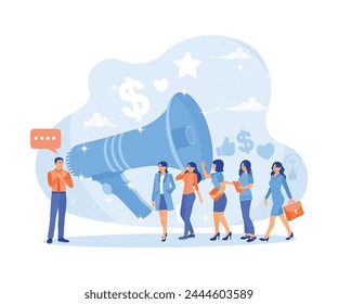 People listen to announcements from microphones. Entrepreneurs attract investors with online marketing. Promotion concept. Flat vector illustration.