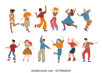 People listen music and dance, set of male and female characters on party enjoying melodies and relax. Young men and women listening sound composition and moving body Line art flat vector illustration