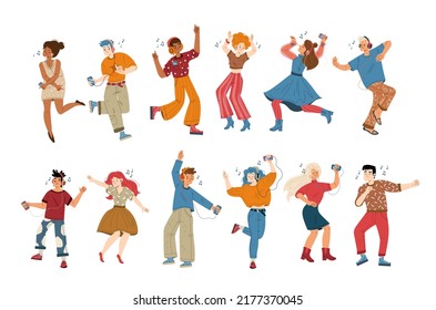 People listen music and dance, set of male and female characters with players and headphones enjoying melodies. Young men and women listening play list, moving body Line art flat vector illustration