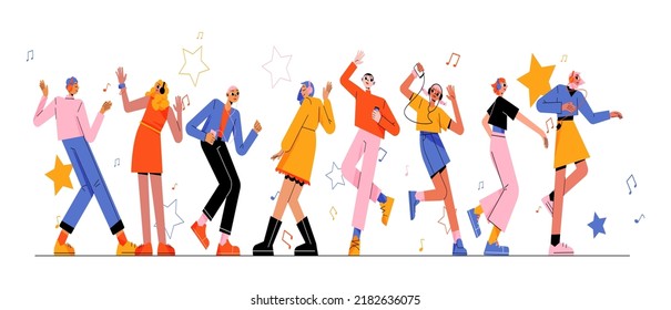 People listen music and dance, young male and female characters with players and headphones enjoying melodies. Excited men and women listening play list, moving body Line art flat vector illustration