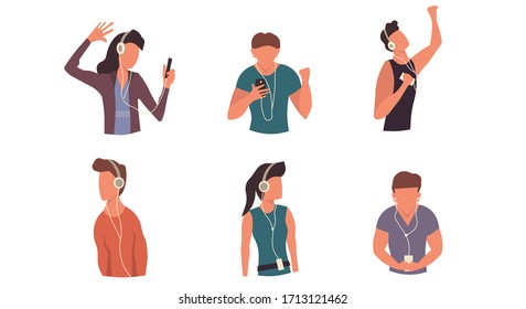 La gente escucha música en auriculares y auriculares con dibujos vectoriales de dibujos. Carácter adolescente bailando con dispositivo. Bienaventurado el ocio conceptual del hombre y la mujer