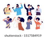 People listen music with earphones. Happy young men and women with headphones and smartphone isolated vector cartoon characters
