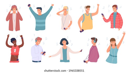 People listen music. Happy man and woman in headphone dancing. Student enjoying songs on phone. Teenage character listening audio vector set. Youth using audio player or smartphone