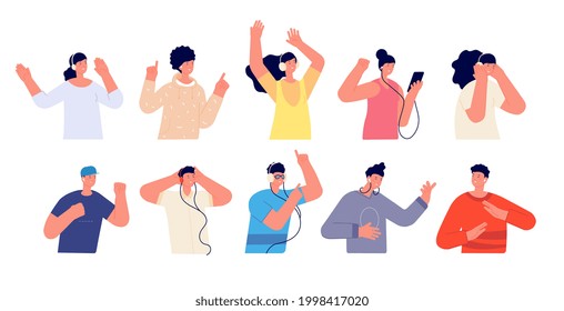 People listen music. Happy person listening in headphones, isolated young guys. Audiobook or podcast in smartphone. Joyful utter vector characters