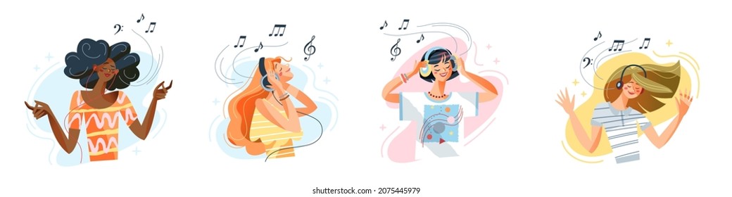 People listen music with headphones and enjoy set vector illustration. Cartoon happy young women characters listening mp3 song or radio via smartphone, persons using earphones isolated on white