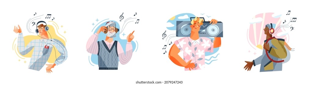 People listen music with headphones and enjoy set vector illustration. Cartoon happy young and old men characters listening mp3 song or radio via smartphone, persons using earphones isolated on white