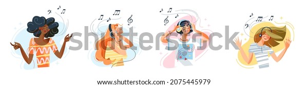 People listen music with headphones and enjoy set\
vector illustration. Cartoon happy young women characters listening\
mp3 song or radio via smartphone, persons using earphones isolated\
on white