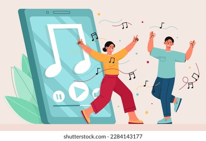 People listen music. Man and woman dancing on background of smartphone. Party and event, entertainment and disco. Students enjoy favorite songs and music. Cartoon flat vector illustration