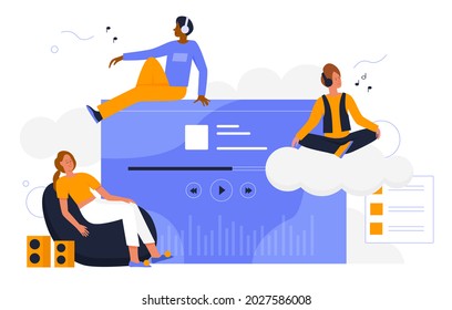 People listen music online, playlist with songs vector illustration. Cartoon tiny man woman character listening music podcast using audio player application, entertainment technology isolated on white