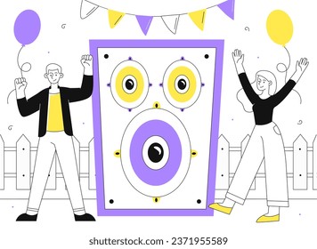 People listen music in park line concept. Man and woman near large speaker. Event and holiday, party. Young guy and girl with balloons and confetti. Linear flat vector illustration