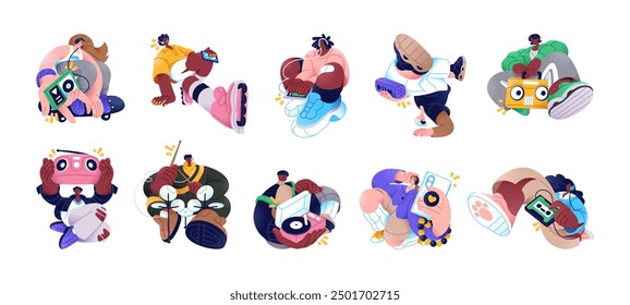 People listen to music set. Different young men and women dance with audio, vinyl player. Happy characters fun with song, records in headphones. Flat isolated vector illustrations on white background.