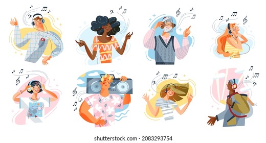 People listen music set vector illustration. Cartoon happy young and old man woman character listening song, student teen wearing headphones and funny kid enjoy audio sound and relax isolated on white